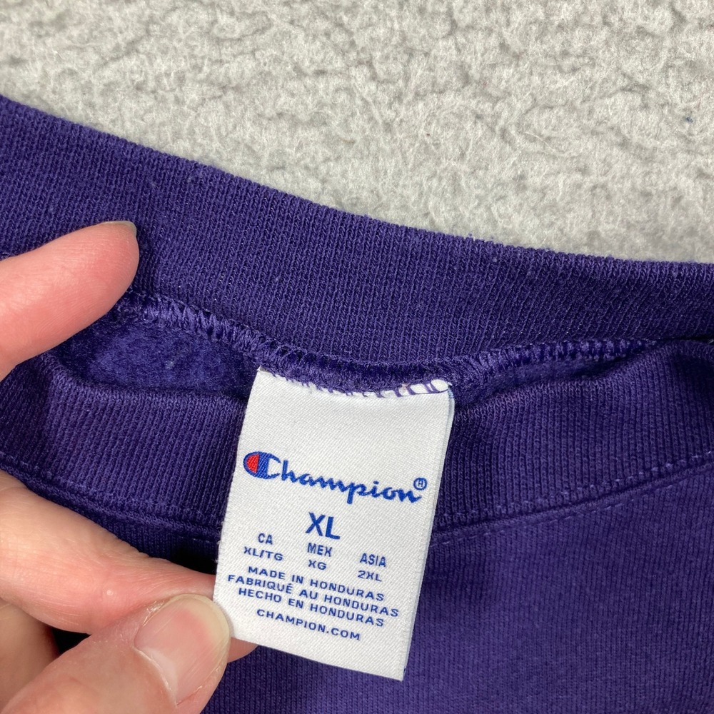 Emerson College Lions Sweatshirt Women XL Purple Pullover Champion Sweater FLAW - Picture 7 of 12